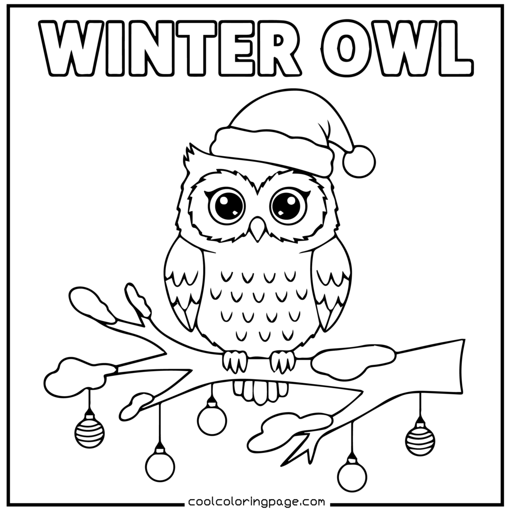 Easy Christmas coloring pages printable PDF of a cute Christmas owl, free Christmas coloring pages.