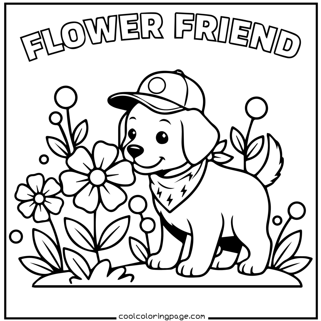 Puppy sniffing a flower in the garden, nature printable PDF puppy coloring pages download