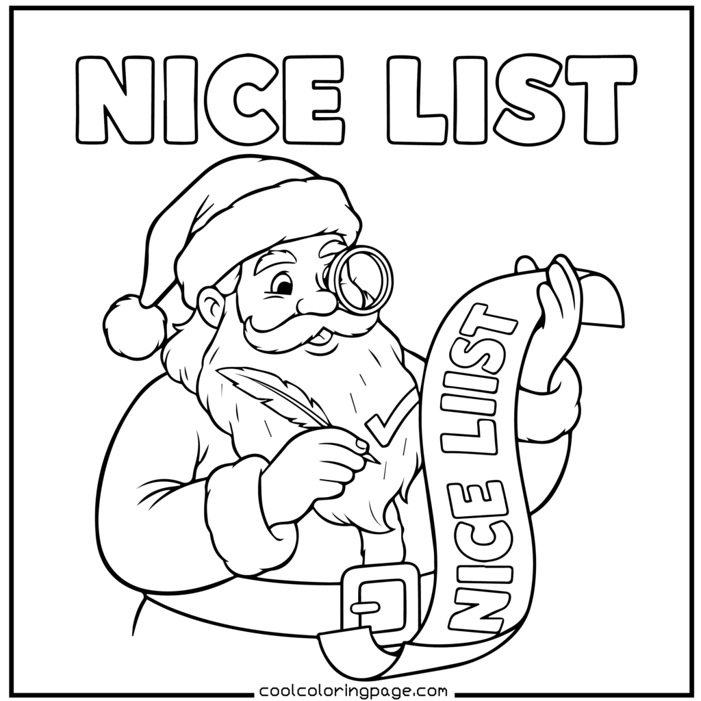 Easy Christmas coloring pages printable PDF showing Santa checking his list, easy Christmas coloring pages printable pdf free download.