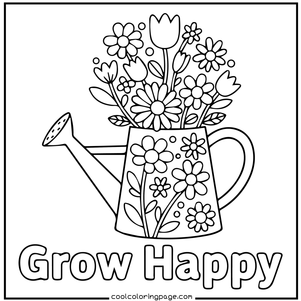 Flower coloring pages showing a watering can adult flower coloring page design
