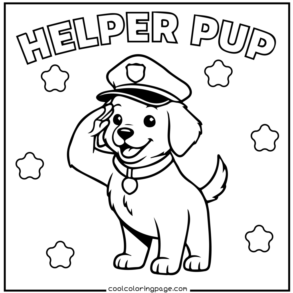 Police puppy wearing a cap, helper printable PDF puppy coloring pages download