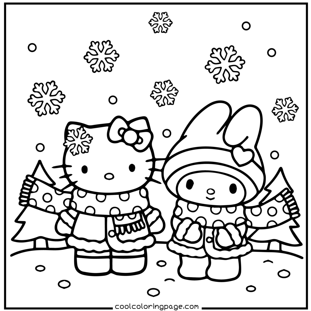 Download printable hello kitty coloring pages Free PDF showing winter fun