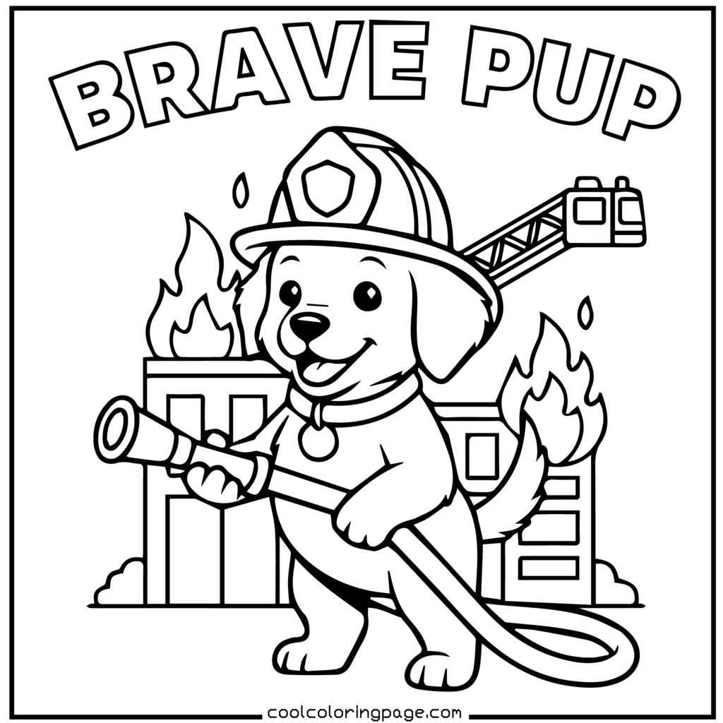 Firefighter puppy with helmet, brave printable PDF puppy coloring pages download