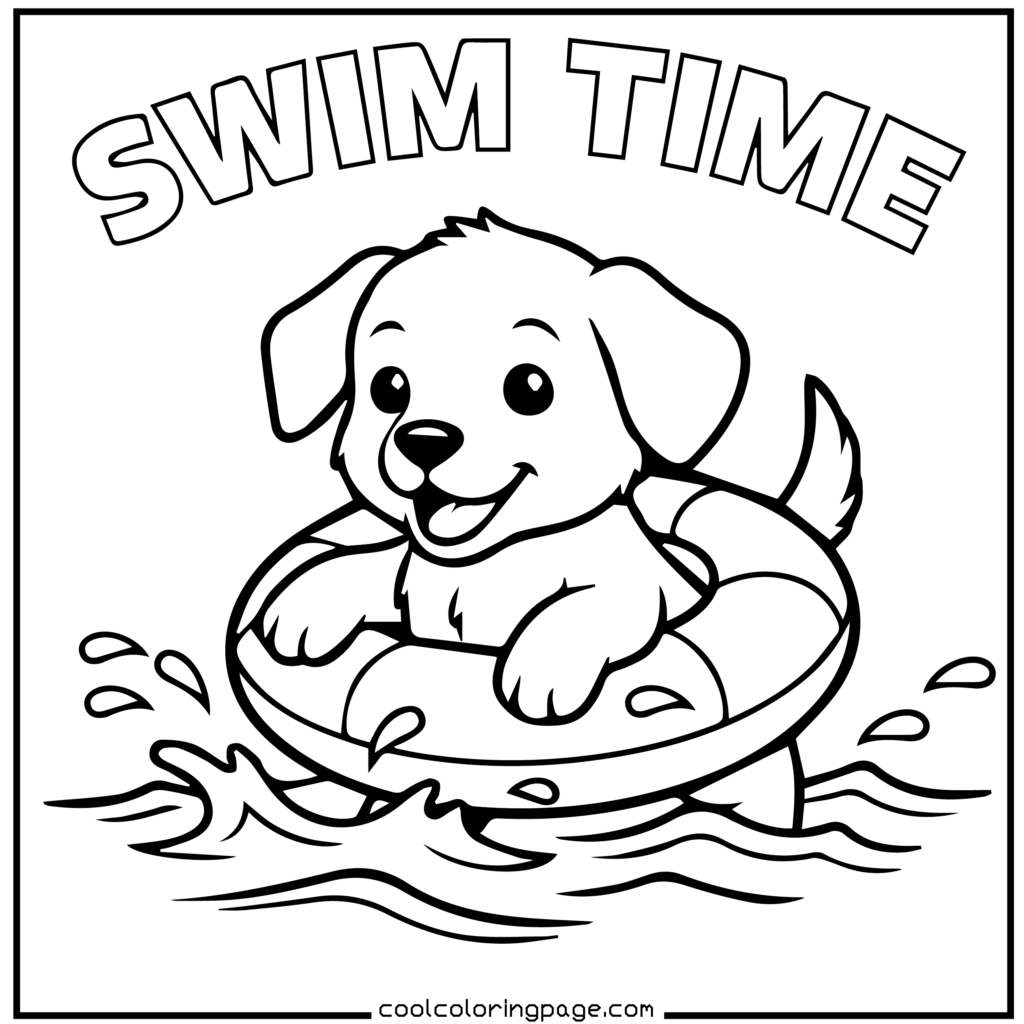 Puppy learning to swim with a float ring, summer printable PDF puppy coloring pages download
