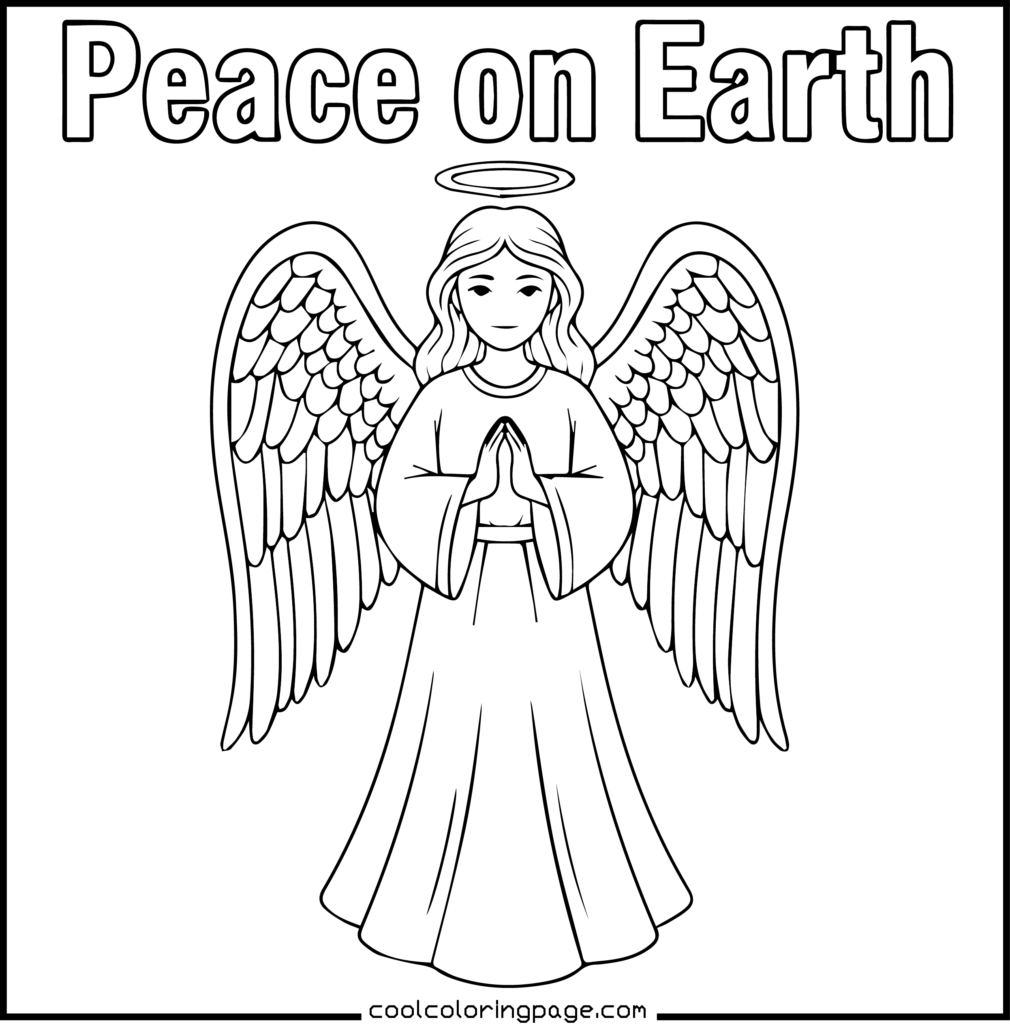 Easy Christmas coloring pages printable PDF featuring a Christmas angel illustration, free printable cute Christmas coloring pages.