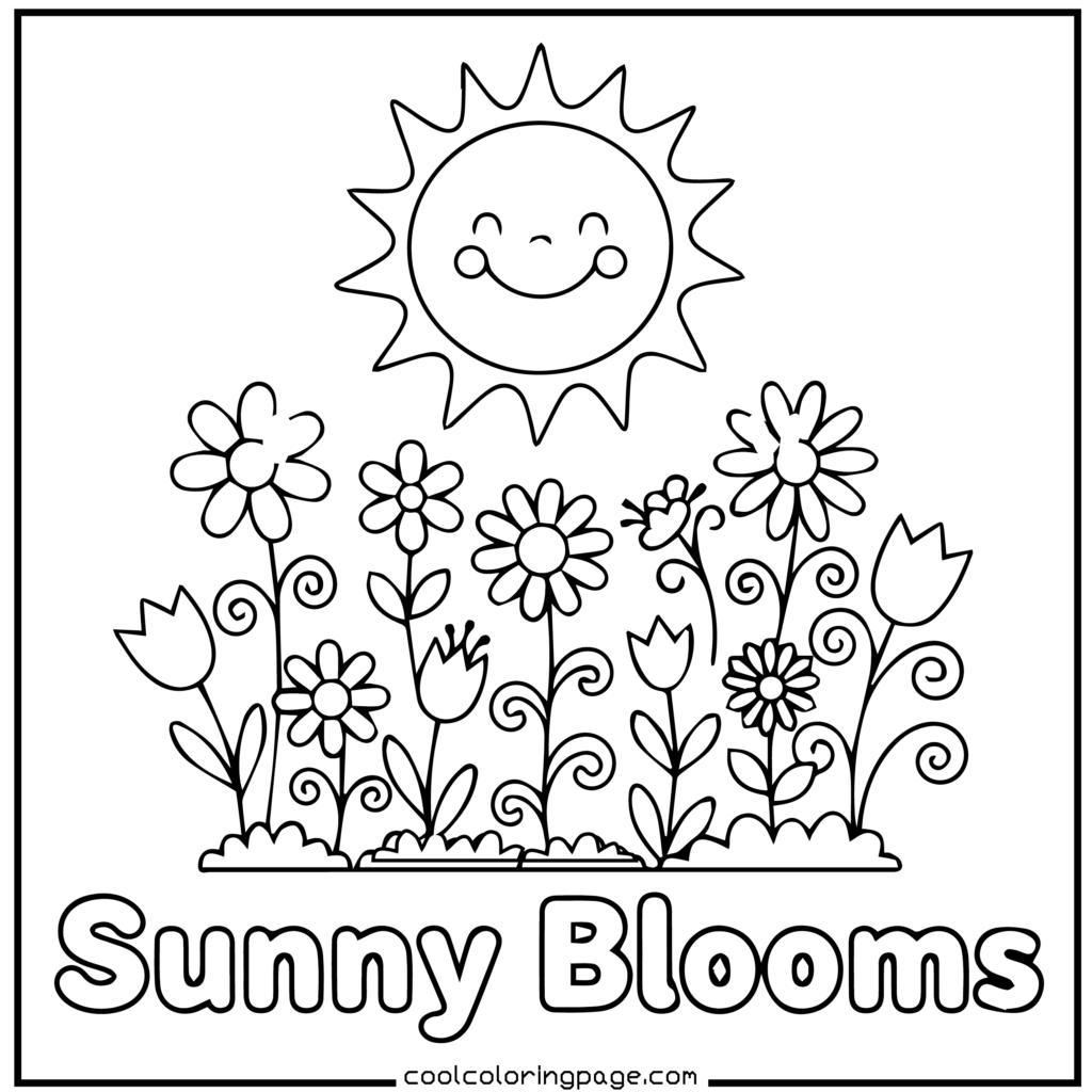 Flower coloring pages showing a sunny scene as a free flower coloring page for kids