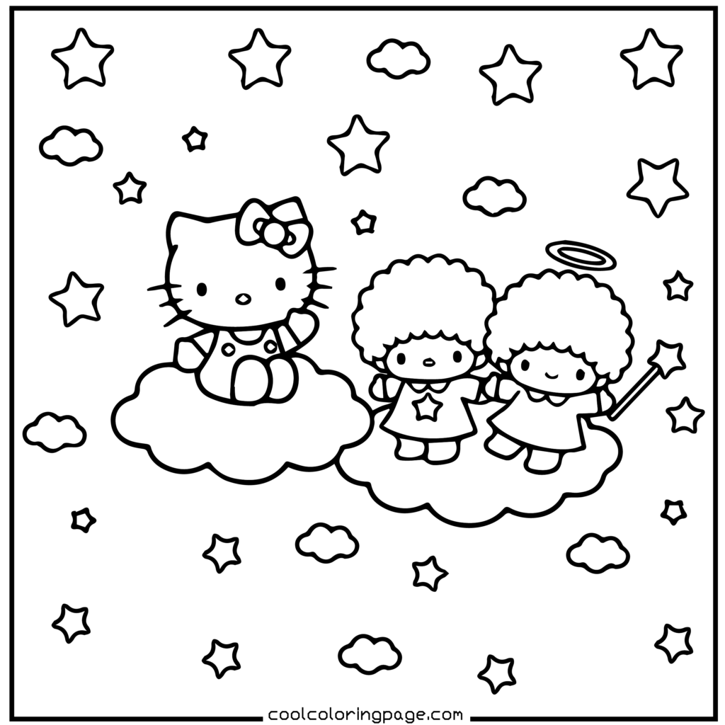 Download printable hello kitty coloring pages Free PDF with cloud fantasy scene