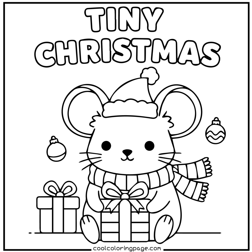 Easy Christmas coloring pages printable PDF showing a cute Christmas mouse, free Christmas coloring pages.