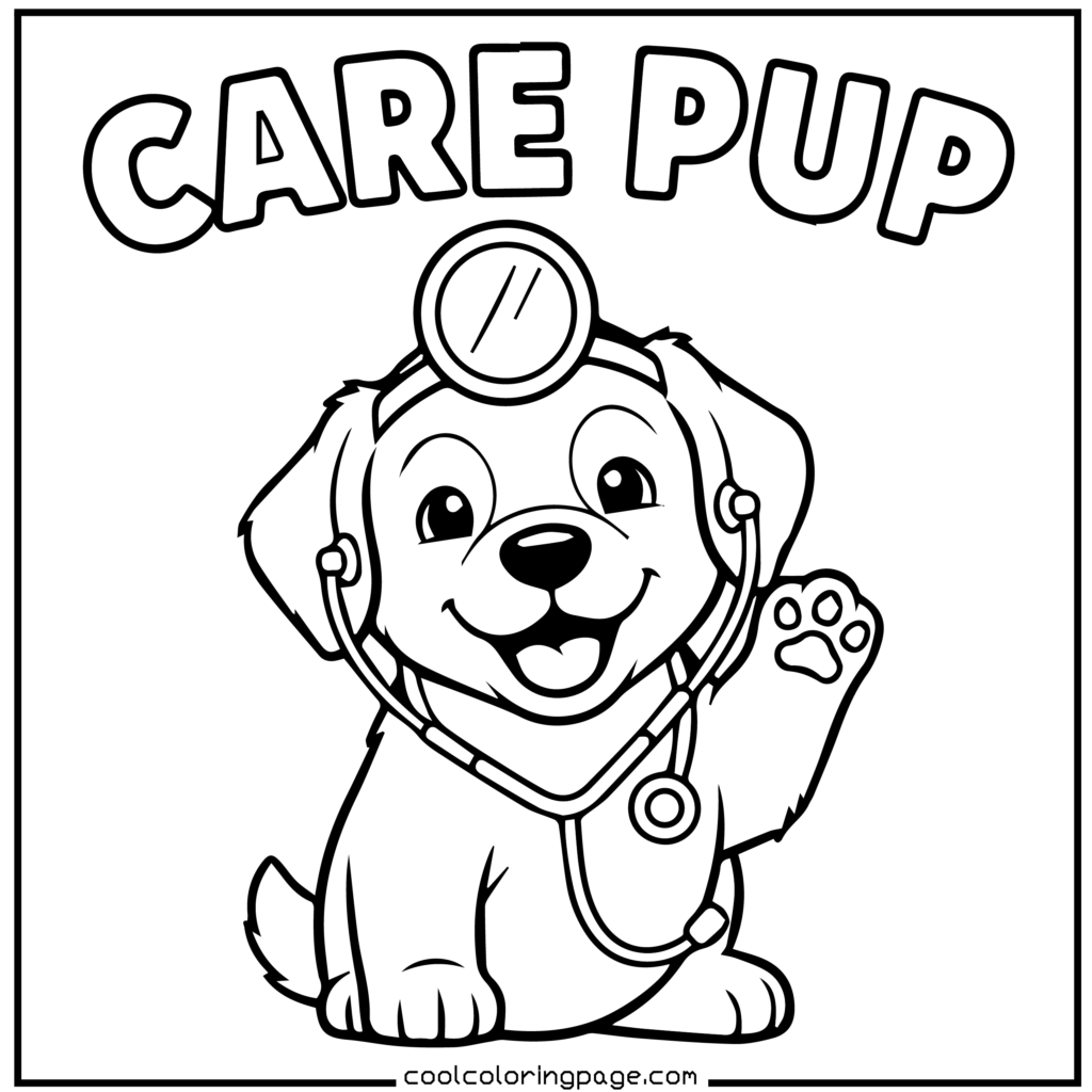 Doctor puppy with a stethoscope, career printable PDF puppy coloring pages download