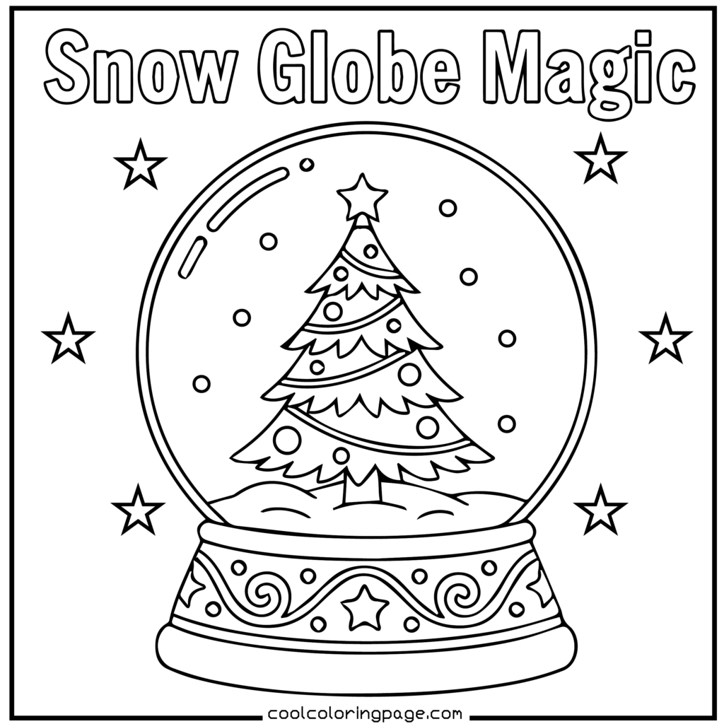 Easy Christmas coloring pages printable PDF of a snow globe with a tree, easy Christmas coloring pages printable pdf free.