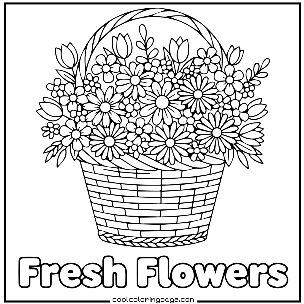 Flower coloring pages illustrating a basket of blooms printable flower coloring pages