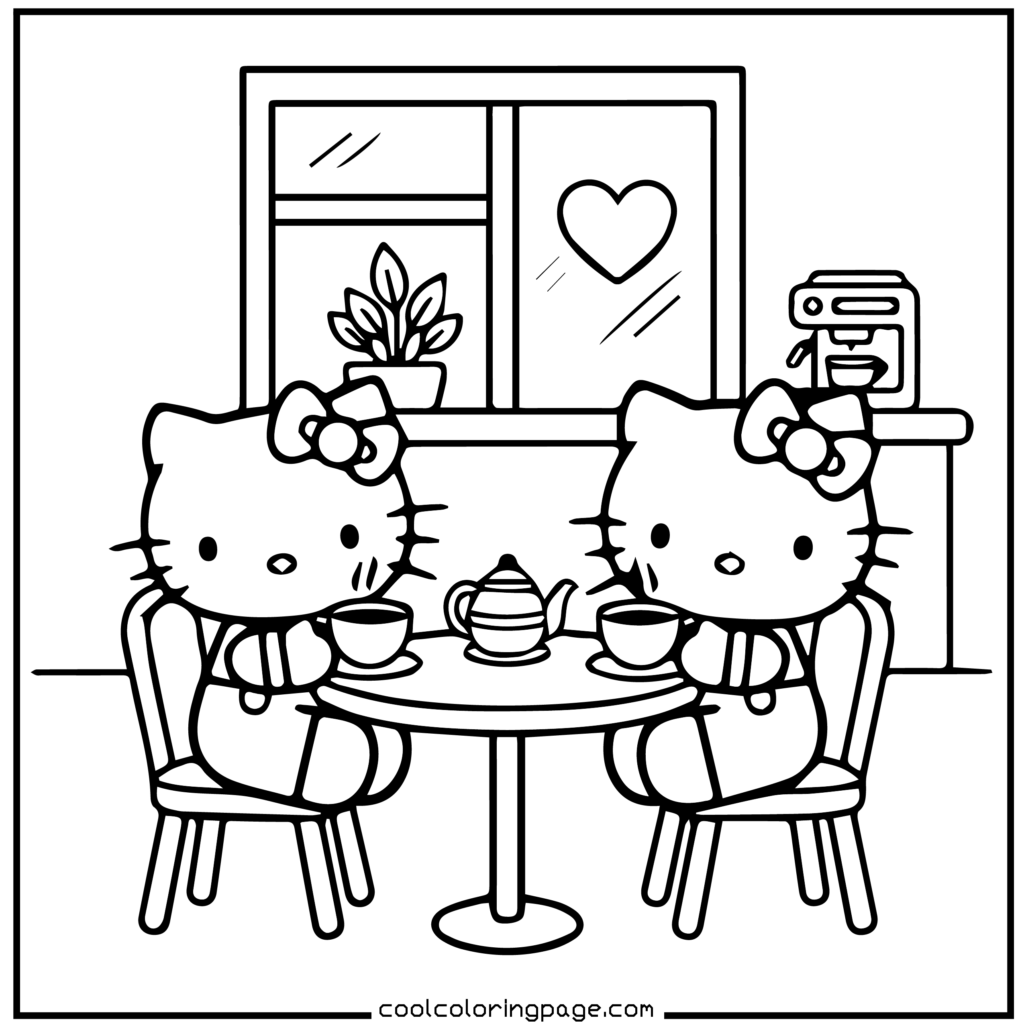 Download printable hello kitty coloring pages Free PDF showing cafe date