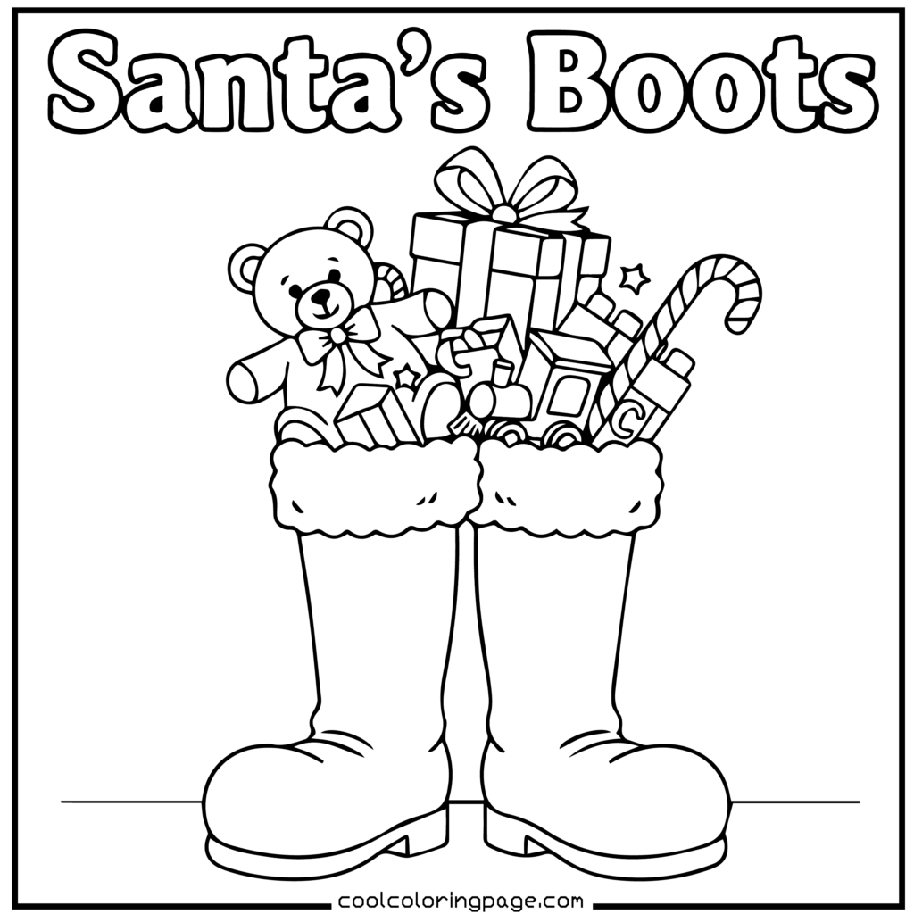 Easy Christmas coloring pages printable PDF featuring Santa’s boots with toys, easy Christmas coloring pages for kids.
