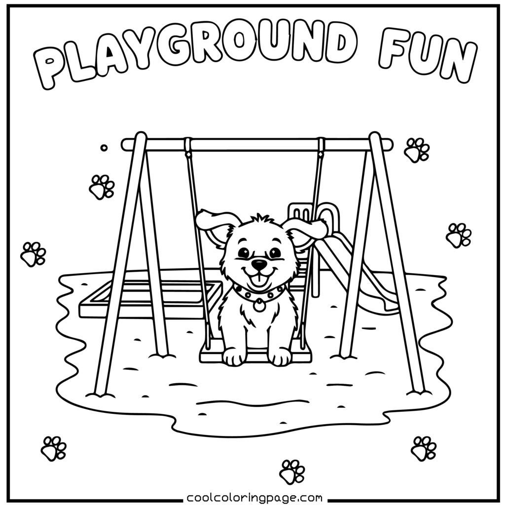 Puppy playing on a playground swing, fun printable PDF puppy coloring pages download