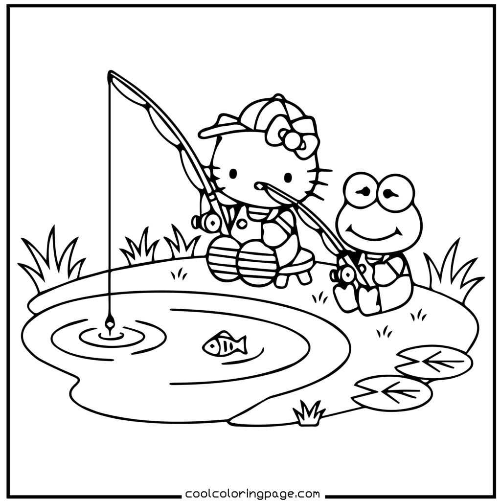 Download printable hello kitty coloring pages Free PDF featuring fishing fun