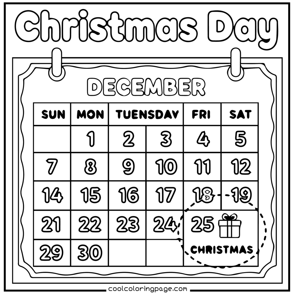 Easy Christmas coloring pages printable PDF showing a Christmas calendar page, easy Christmas coloring pages printable pdf free download.
