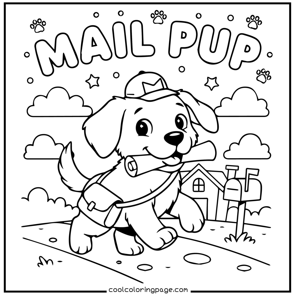 Puppy delivering mail with a bag, working printable PDF puppy coloring pages download