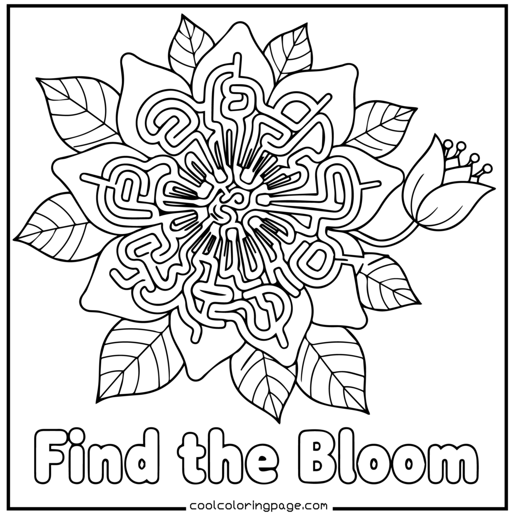 Flower coloring pages showing a flower maze adult flower coloring page activity