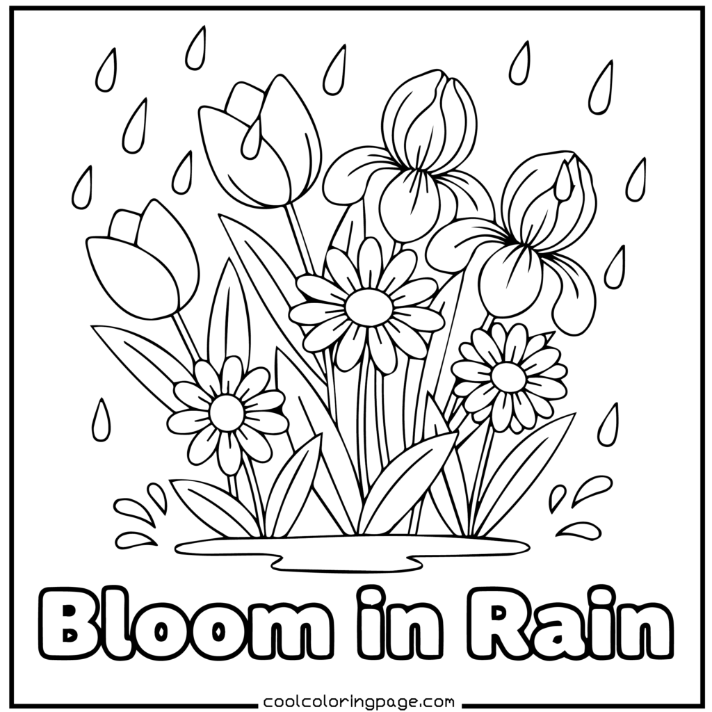 Flower coloring pages illustrating a rainy garden printable flower coloring pages scene