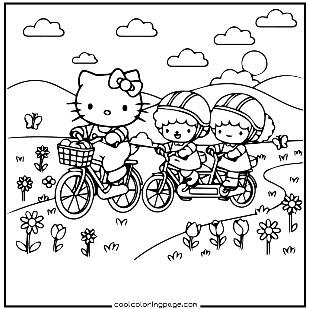 Download printable hello kitty coloring pages Free PDF showing bike ride with flowers
