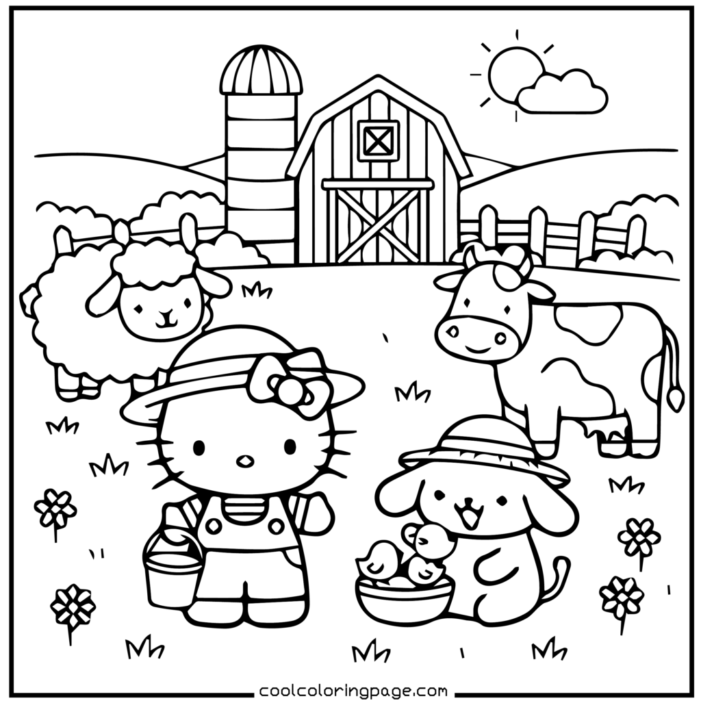 Download printable hello kitty coloring pages Free PDF featuring farm animals