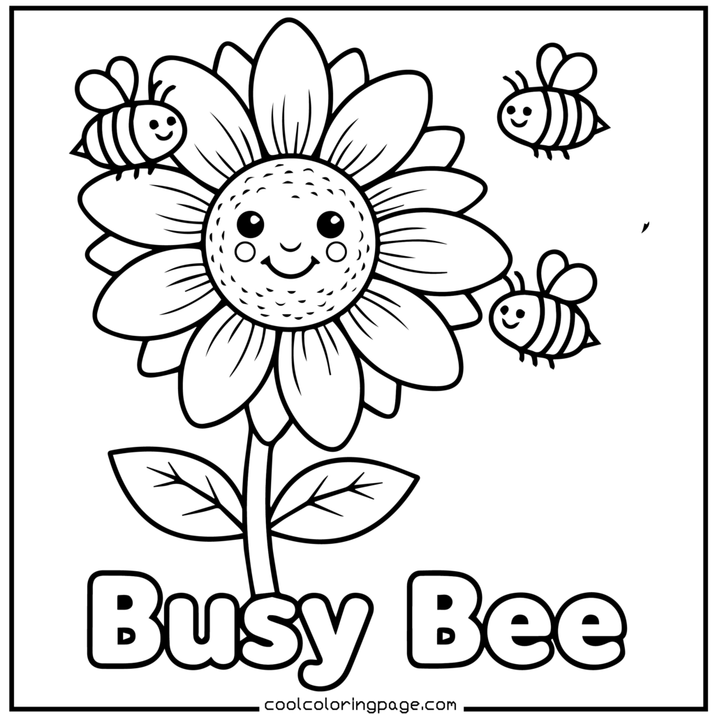 Flower coloring pages showing a bee and blossom coloring page of a flower
