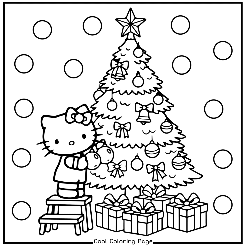A cute cat character decorates a Christmas tree with ornaments, star topper and gifts at the base. Polka-dotted background. Festive and cheerful. Hello Kitty Christmas Coloring Pages.