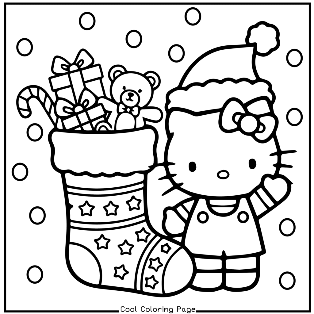 A line drawing of a cute character wearing a Santa hat waving, next to a Christmas stocking filled with gifts, a teddy bear, and a candy cane. Hello Kitty Christmas Coloring Pages.