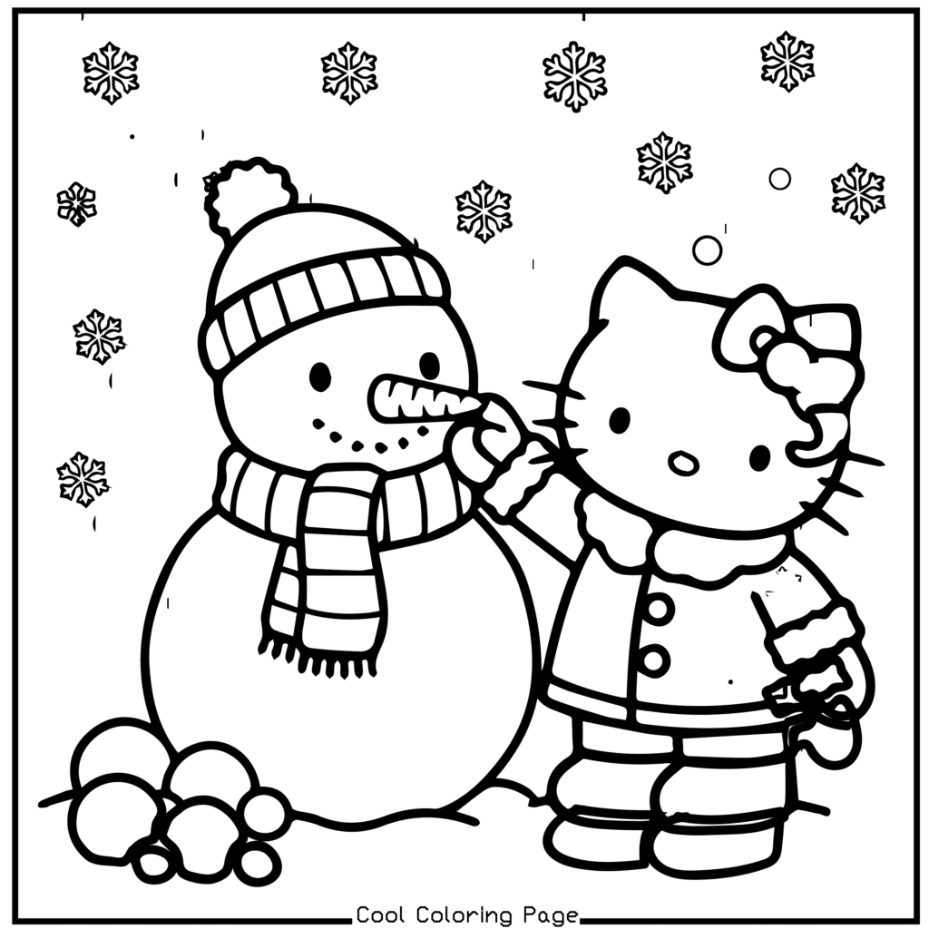 A character in a winter coat adds a carrot nose to a smiling snowman with a striped scarf and hat. Snowflakes gently fall around them, creating a joyful scene. Hello Kitty Christmas Coloring Pages.