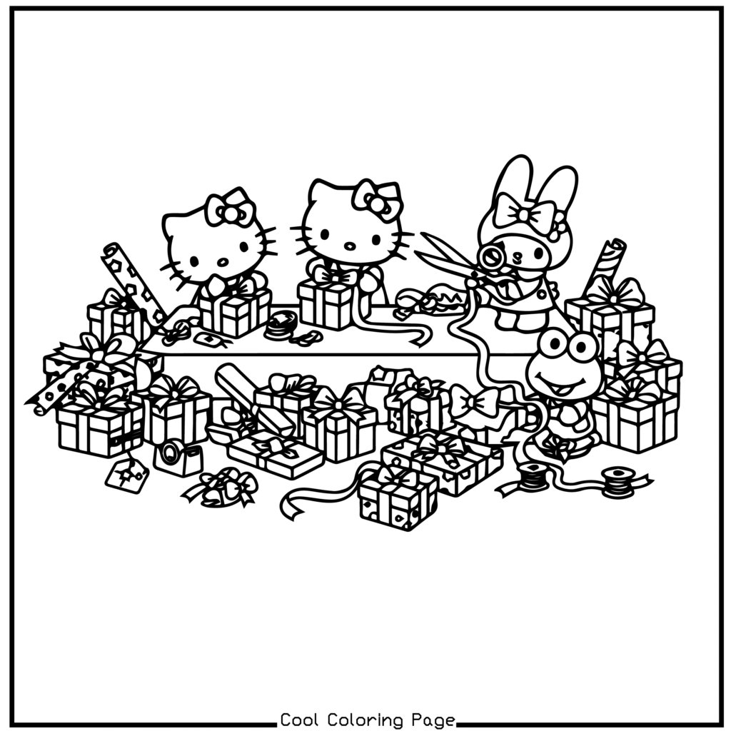 Cartoon characters wrap gifts at a table filled with presents, wrapping paper, and ribbons. They appear joyful and engaged in holiday preparations. Hello Kitty Christmas Coloring Pages.
