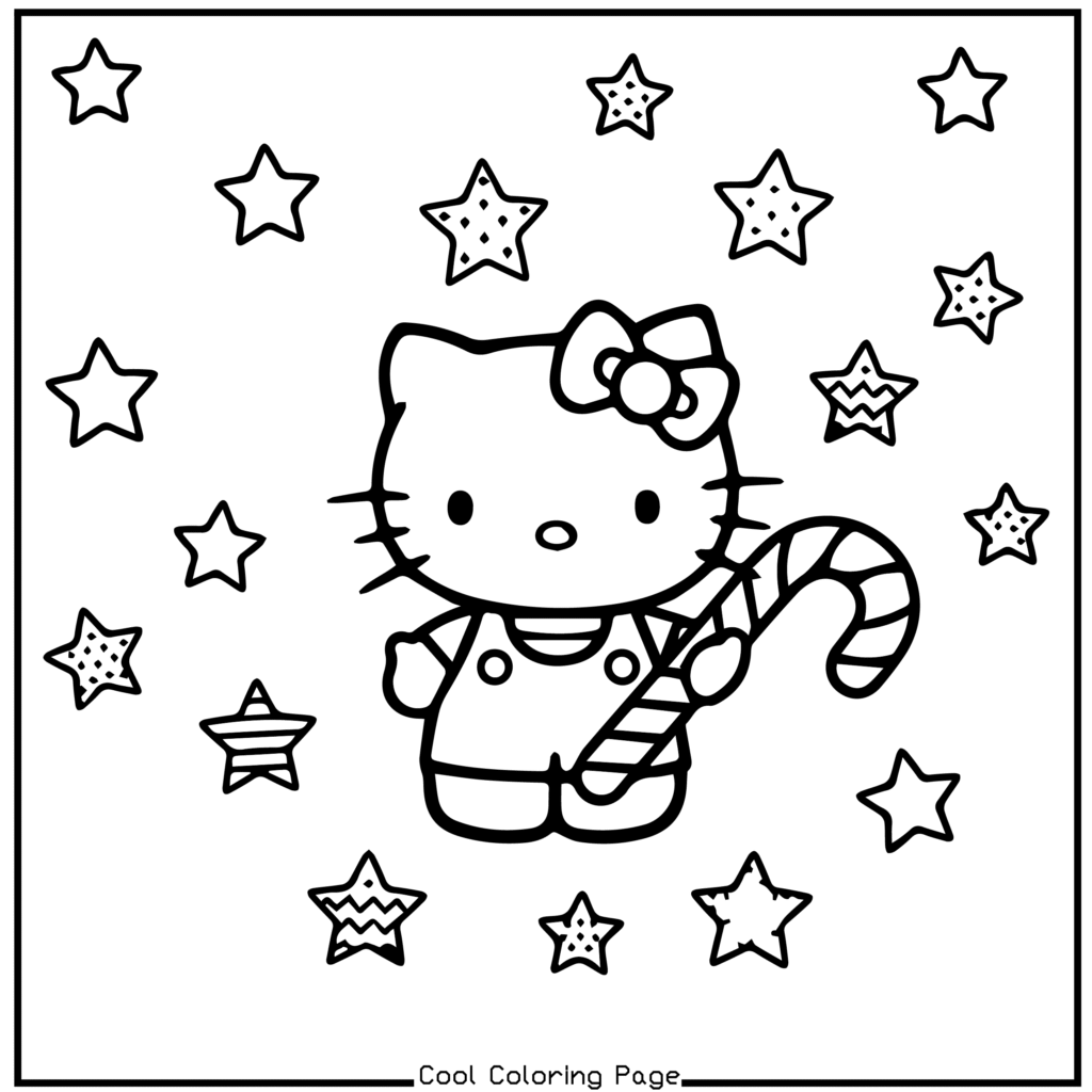 Cute cartoon cat wearing overalls and bow, holding a candy cane surrounded by stars. Simple and cheerful line drawing, ideal for coloring. Hello Kitty Christmas Coloring Pages.