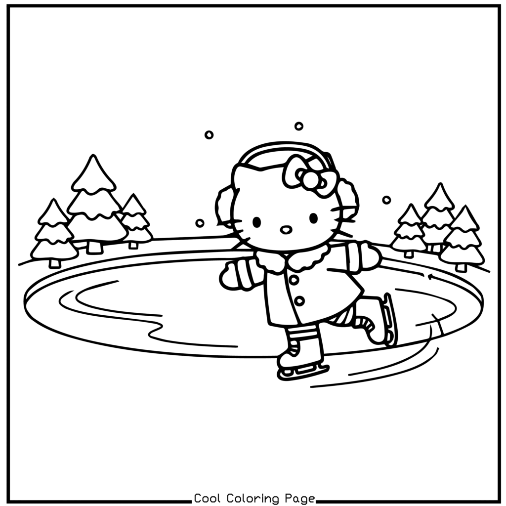 Cartoon character in a cozy coat and earmuffs ice skates happily on a frozen pond, surrounded by snowflakes and pine trees, evoking a wintery, joyful mood. Hello Kitty Christmas Coloring Pages.
