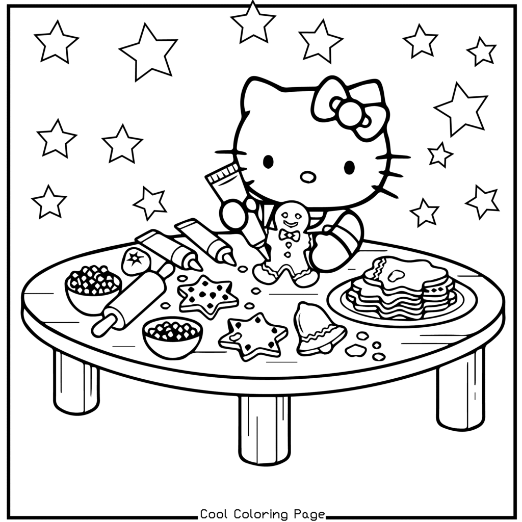 A cute cartoon cat decorates cookies at a round table, holding a gingerbread man. Stars are in the background, creating a festive, cheerful scene. Hello Kitty Christmas Coloring Pages.