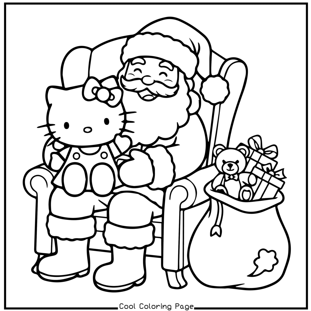 Santa Claus sitting in a chair, holding a cartoon cat with a bow, next to a sack of toys including a teddy bear and wrapped gifts. Festive and cheerful. Hello Kitty Christmas Coloring Pages.