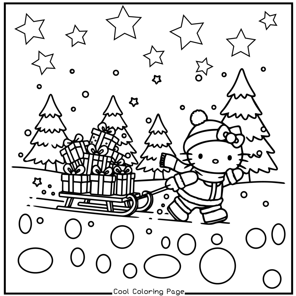 Cute character in winter clothes pulls a sled full of gifts through a snowy landscape with pine trees and stars. Festive and cheerful mood. Hello Kitty Christmas Coloring Pages.