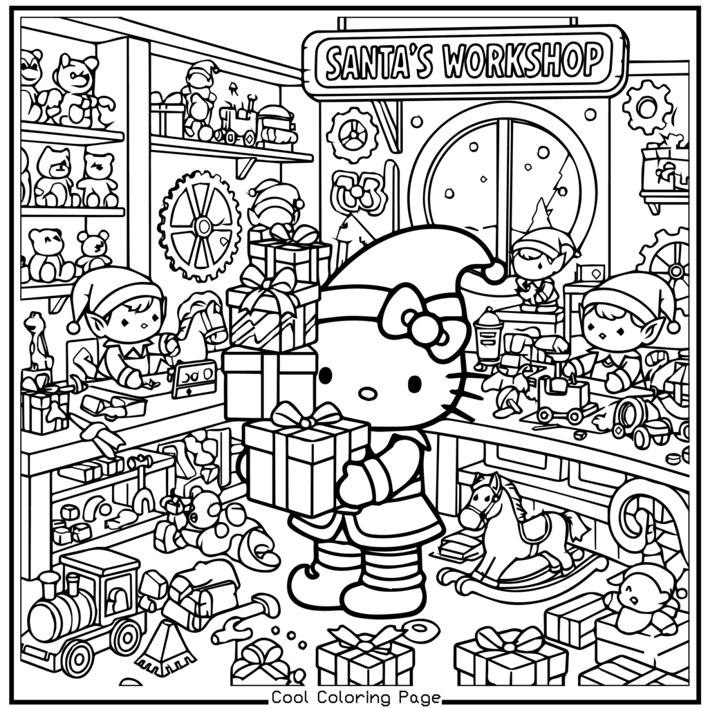 A cute character dressed as an elf, holding wrapped gifts in Santa's Workshop, surrounded by toy-making elves, teddy bears, and holiday decorations. Hello Kitty Christmas Coloring Pages.