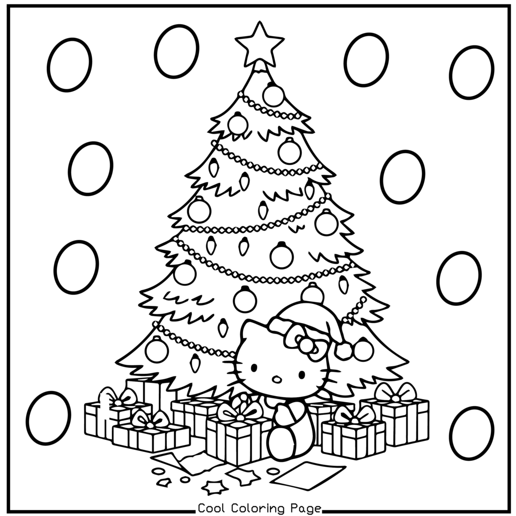 Cartoon cat wearing a Santa hat sits by a decorated Christmas tree with garlands and baubles, surrounded by wrapped gifts, creating a festive atmosphere. Hello Kitty Christmas Coloring Pages.
