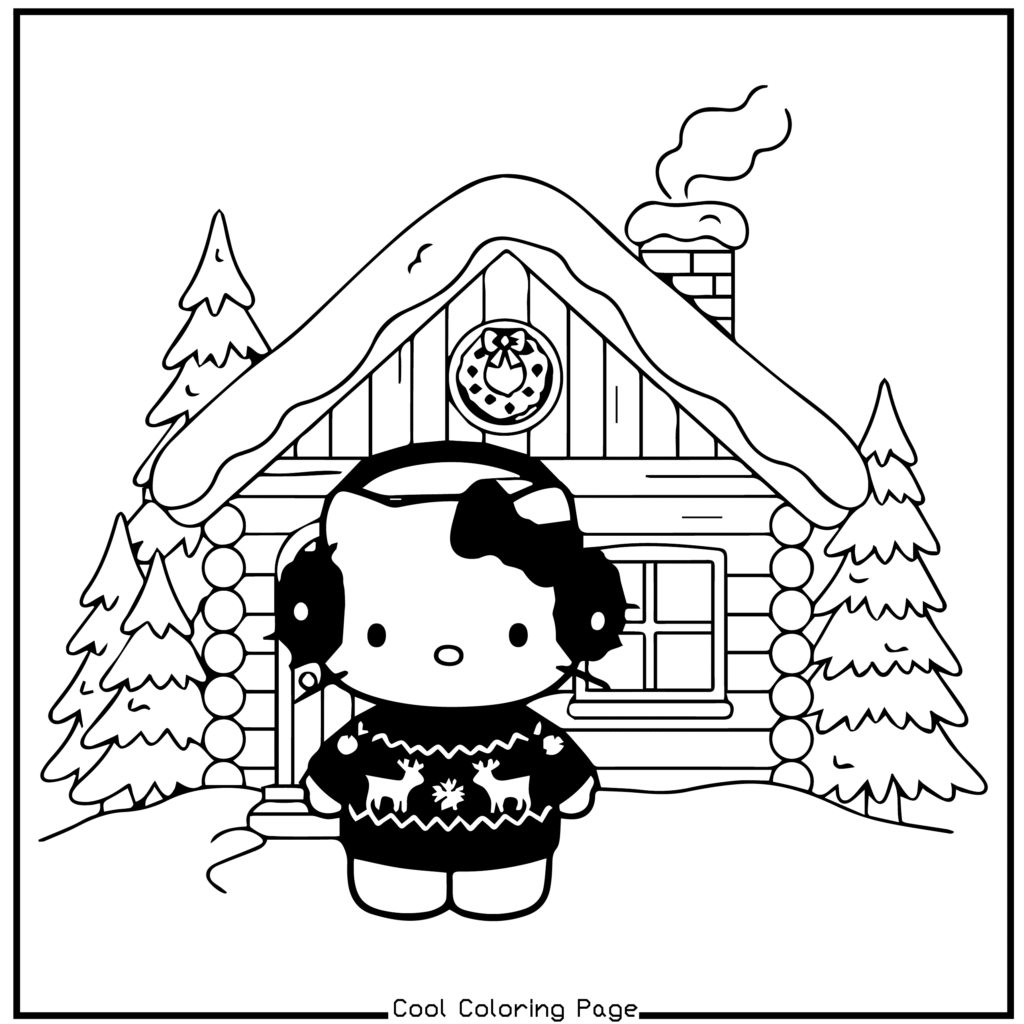 Cute cartoon character in earmuffs and winter sweater stands in front of snow-covered log cabin with chimney. Evergreen trees flank the cabin. Hello Kitty Christmas Coloring Pages.