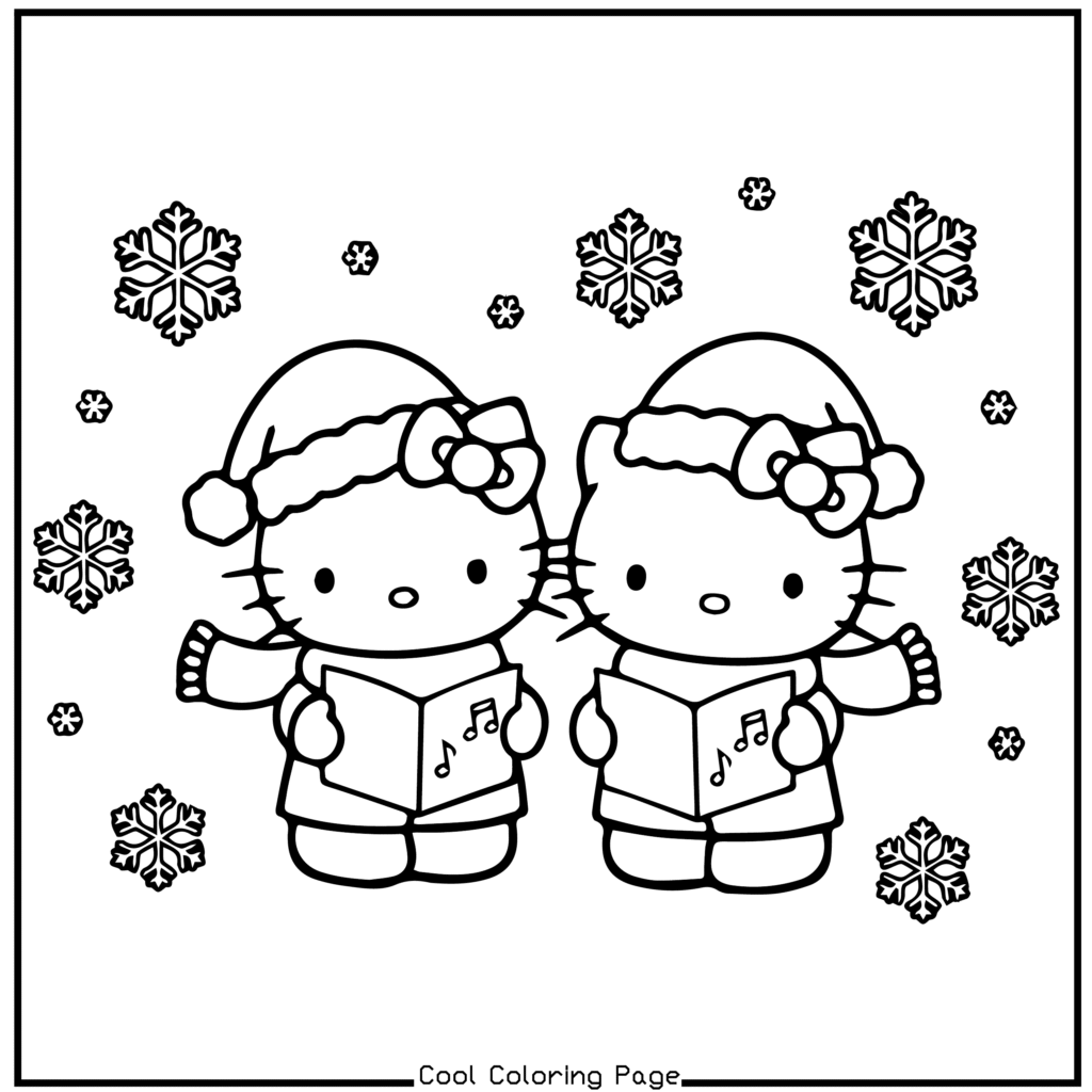 Two cute cartoon characters wearing winter hats and bows hold songbooks, surrounded by falling snowflakes, conveying a festive and cheerful scene. Hello Kitty Christmas Coloring Pages.