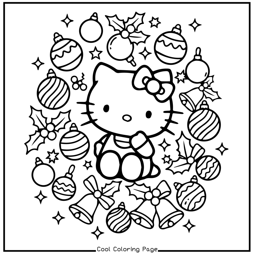 Cute cartoon cat with a bow, surrounded by Christmas ornaments, holly, stars, and bells. The festive design is outlined for coloring. Hello Kitty Christmas Coloring Pages.