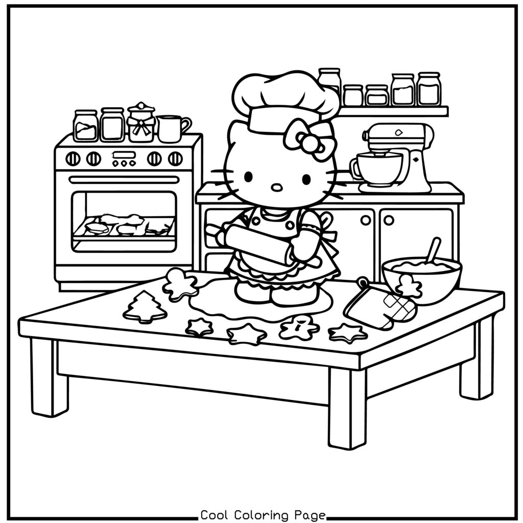 A cartoon cat in a chef's hat and apron rolls dough in a cheerful kitchen. Cookies in various shapes are on the table and baking in the oven. Hello Kitty Christmas Coloring Pages.