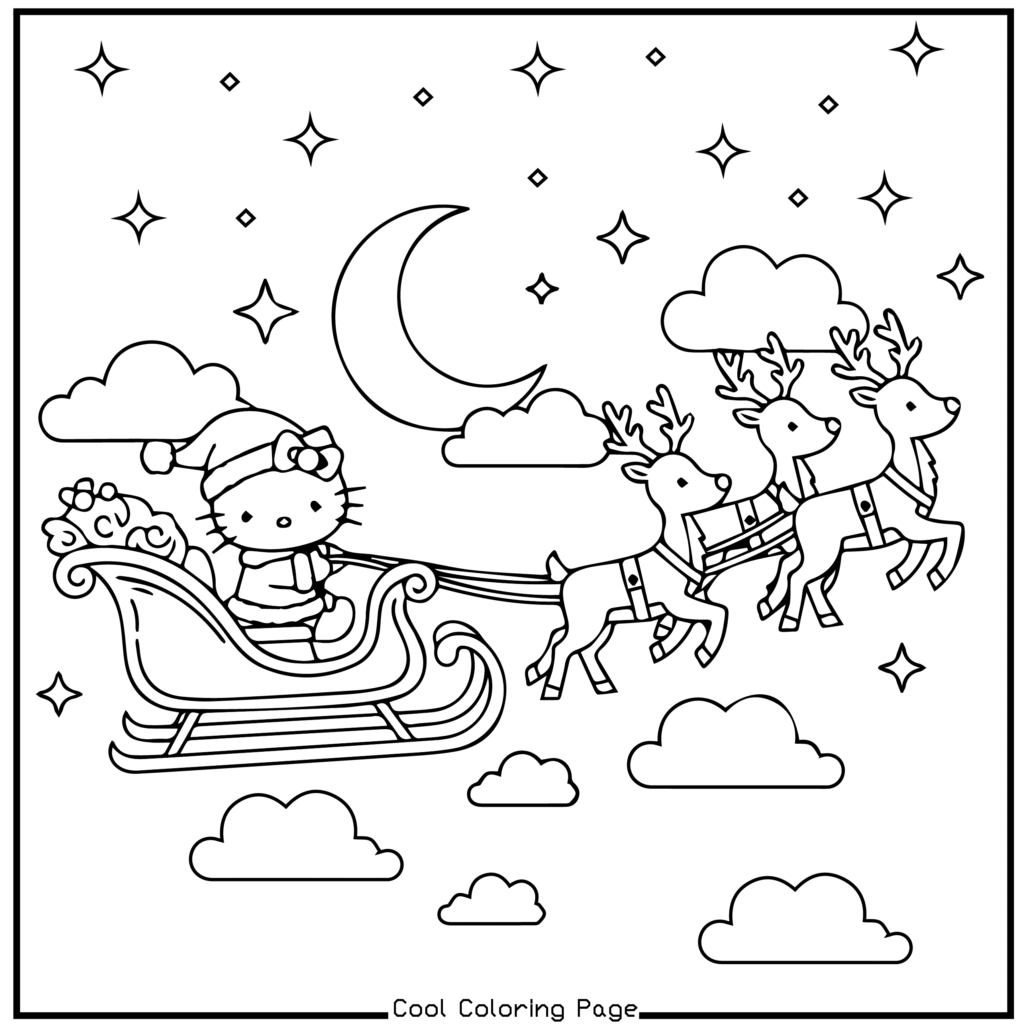 A cute character in a Santa hat rides a sleigh pulled by three reindeer across a starry night sky with clouds and a crescent moon. Playful and festive. Hello Kitty Christmas Coloring Pages.