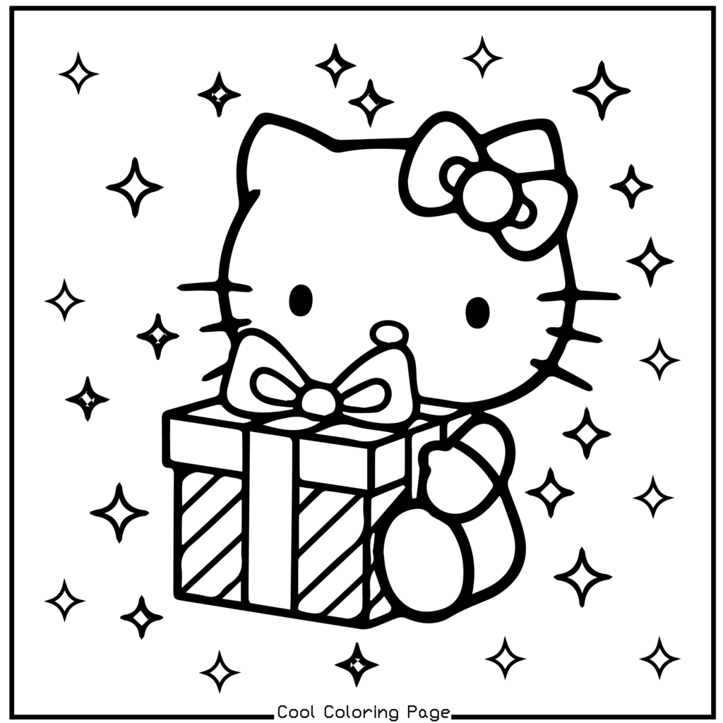 Cute character holding a wrapped gift with a bow, surrounded by sparkling stars. The scene conveys charm and a festive, joyful mood. Hello Kitty Christmas Coloring Pages.