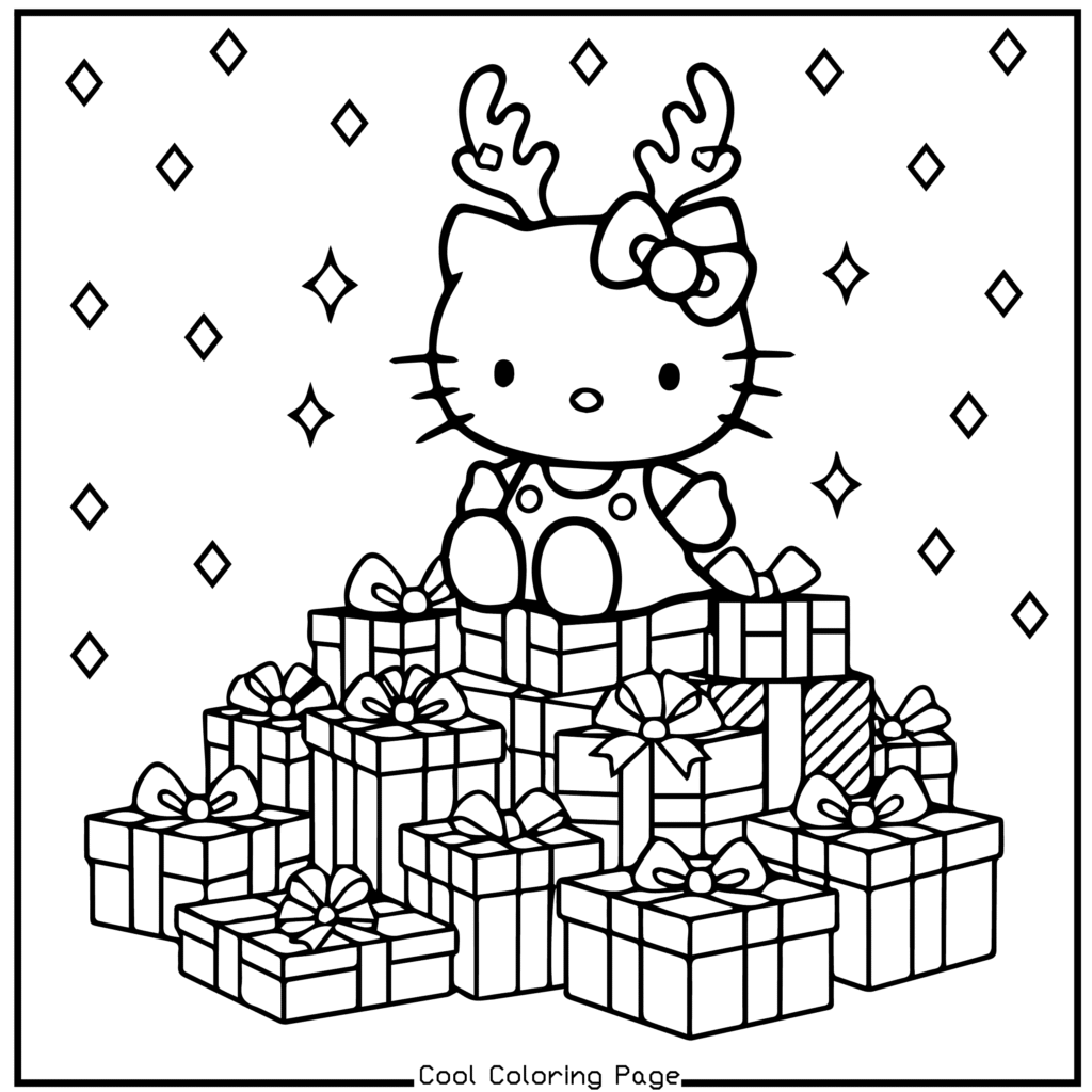 Cute cartoon cat with antlers and a bow, sitting on a pile of wrapped gifts. Background decorated with stars, creating a festive, playful atmosphere. Hello Kitty Christmas Coloring Pages.