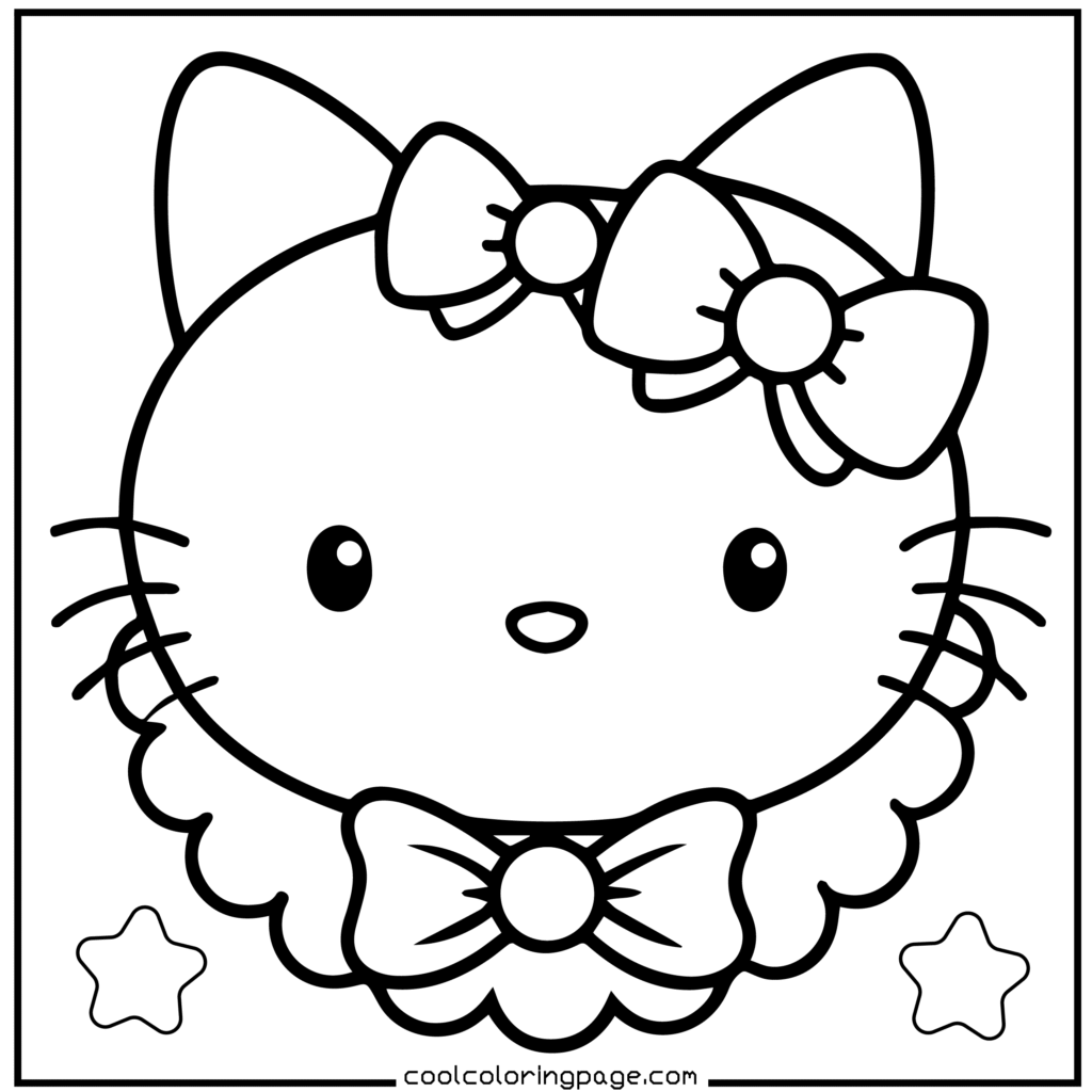 Cute line drawing of a cat's face wearing a bow on its ear and another on its neck. Two stars are at the corners, evoking a playful mood. Hello Kitty Christmas Coloring Pages.