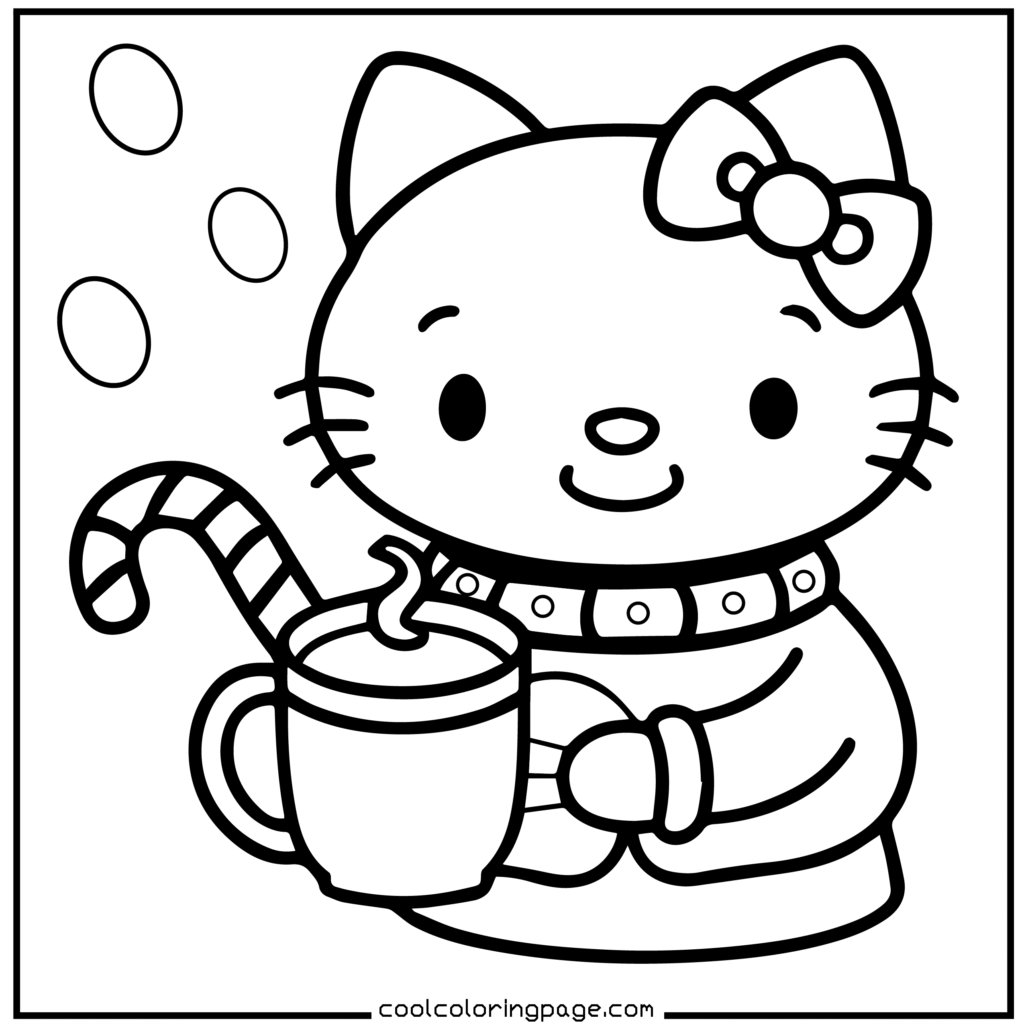 A cute cartoon cat with a bow, holding a mug with steam and a candy cane. The scene conveys warmth and coziness in a simple black and white style. Hello Kitty Christmas Coloring Pages.