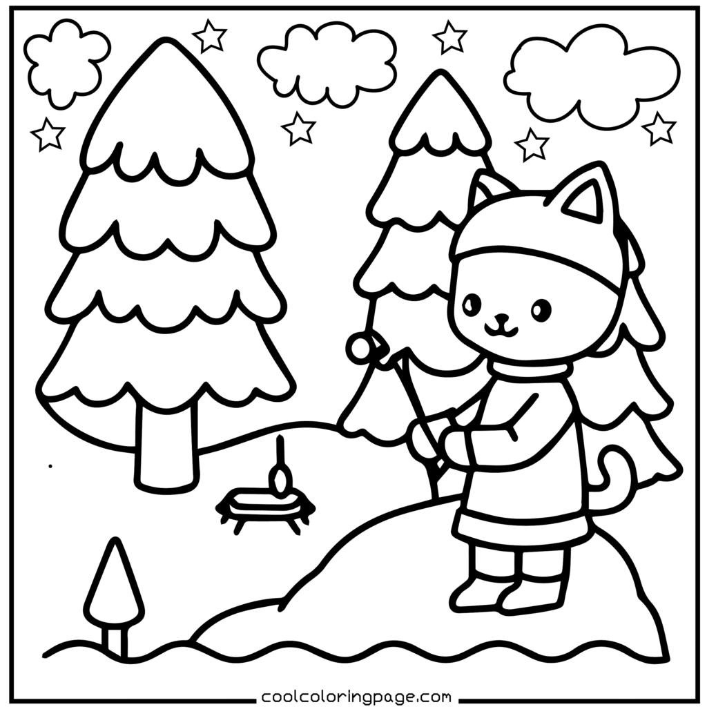 A cartoon cat wearing a winter hat stands smiling with a candy cane in a snowy forest. Surrounding are pine trees, stars, and clouds. Hello Kitty Christmas Coloring Pages.