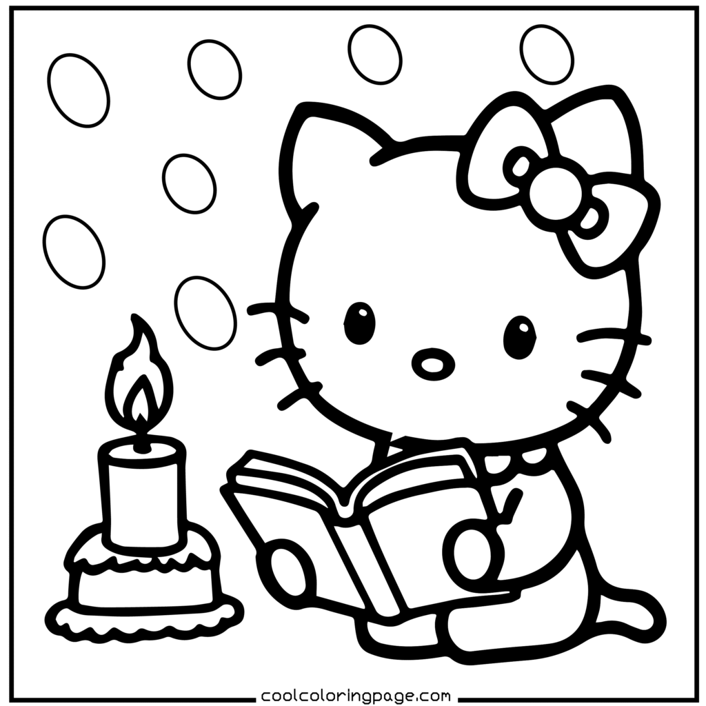 Cute cartoon cat with a bow reads a book next to a lit birthday cake, polka dot background. Playful and joyful atmosphere. Coloring page style. Hello Kitty Christmas Coloring Pages.