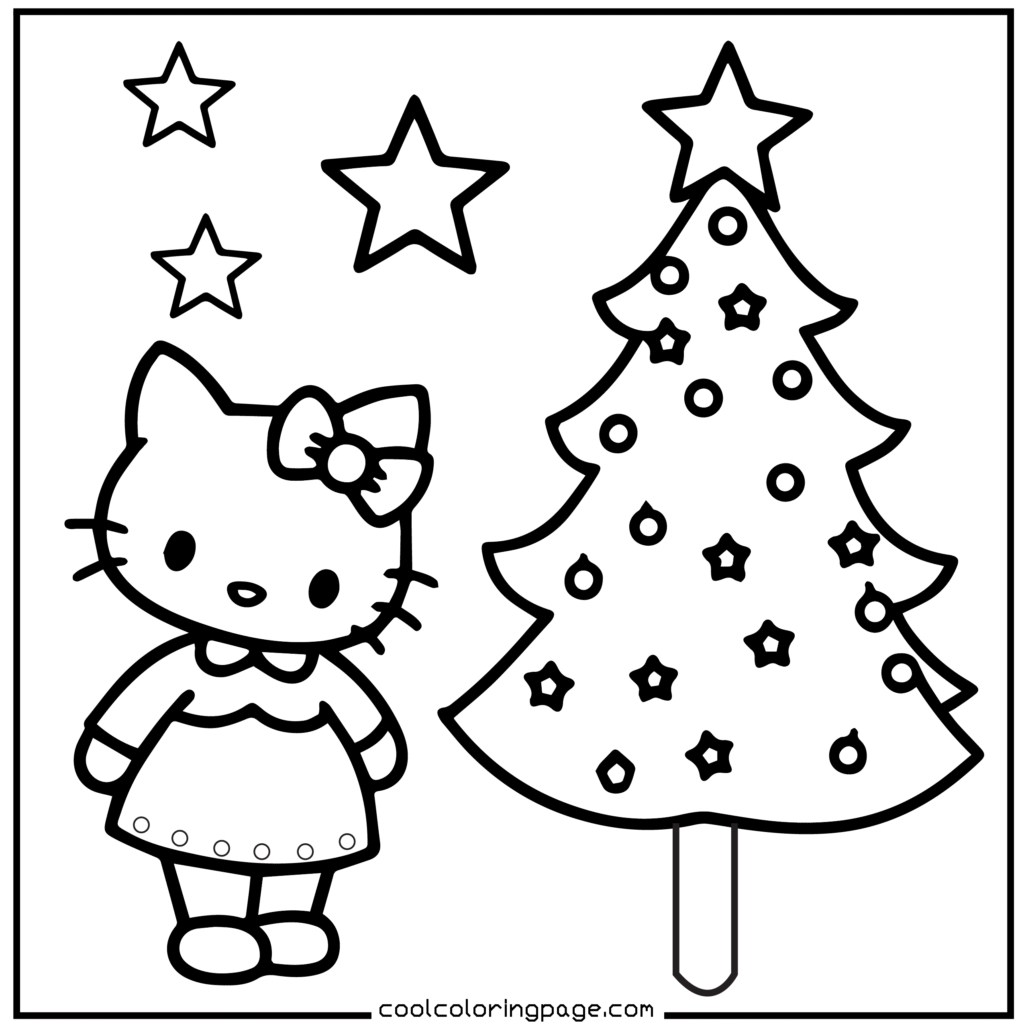 A cute cartoon cat stands beside a decorated Christmas tree with stars and ornaments. Three stars float above, conveying a festive, cheerful mood. Hello Kitty Christmas Coloring Pages.