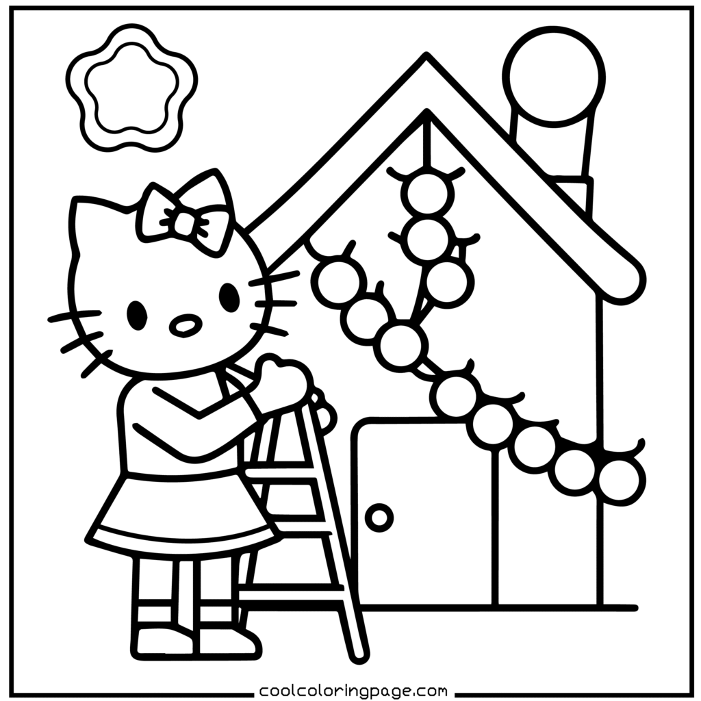 A cartoon cat with a bow decorates a small house with string lights. The cat stands on a ladder, conveying a festive, cheerful mood. Hello Kitty Christmas Coloring Pages.